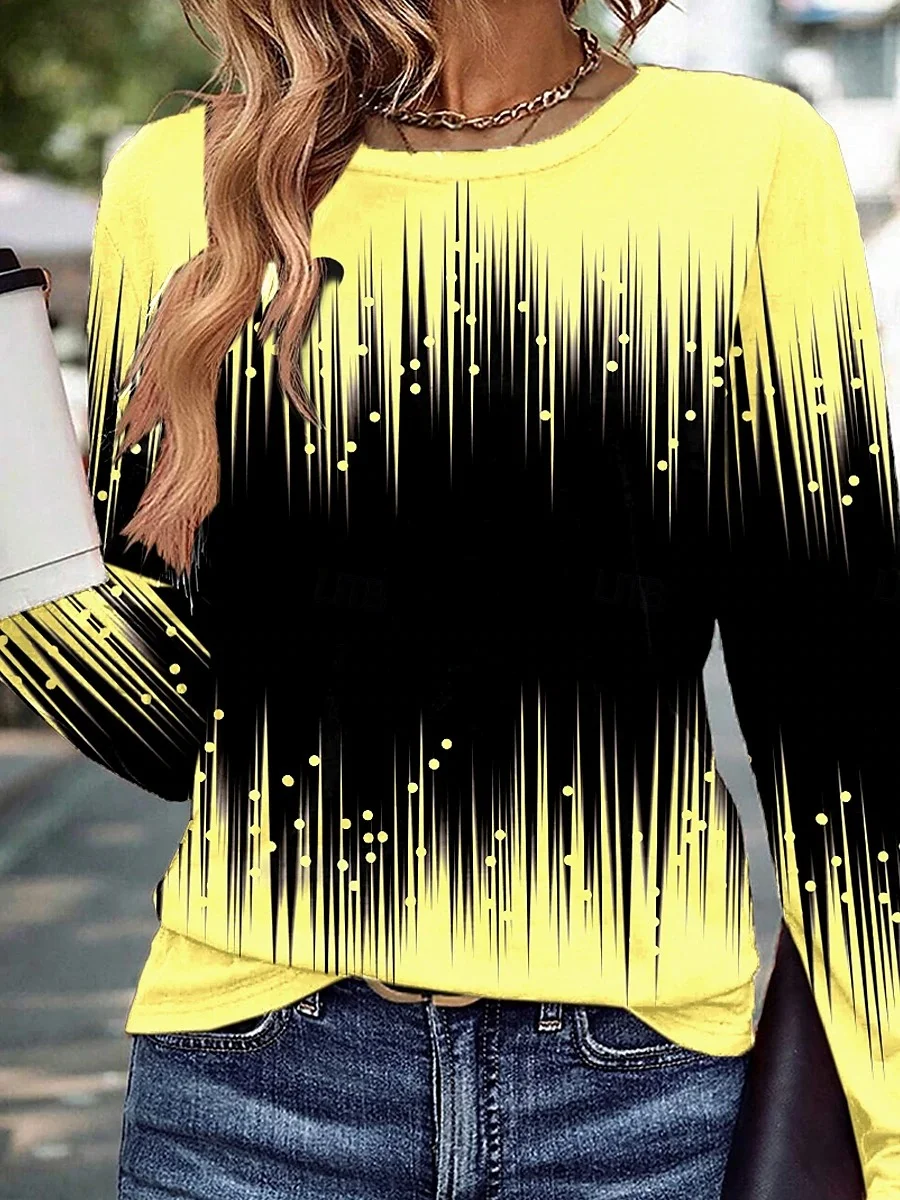 Women's T Shirt Casual Print Long Sleeve Regular Tops Crew Neck Daily Yellow Light Blue Spring Fall