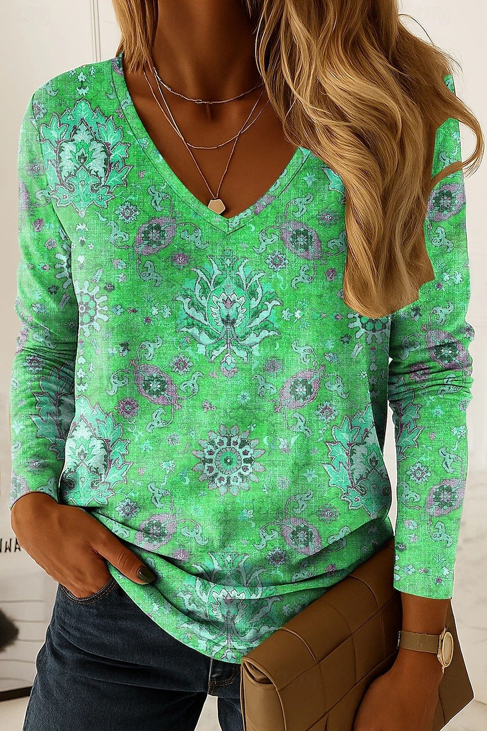 Women's Abstract Pattern T-Shirt Elegant Vintage Long Sleeve V-Neck Regular Fit Top Spring Autumn