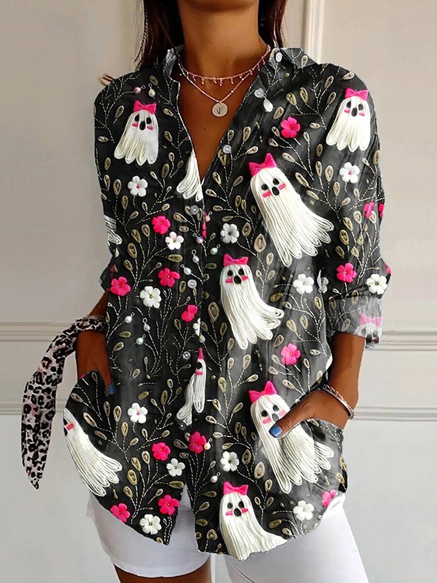 Women's Halloween Pattern Shirt Elegant Retro Long Sleeve Regular Fit Spring And Autumn