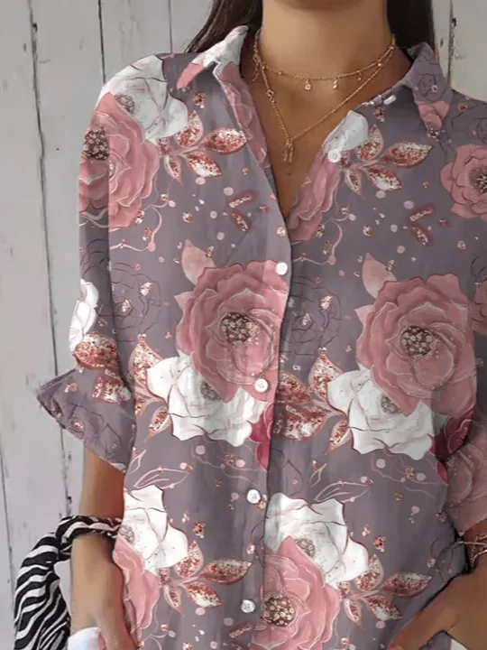 Women's Three Quarter Sleeve Shirt Spring/Fall Purple Floral Printing Shirt Collar Daily Going Out Casual Top
