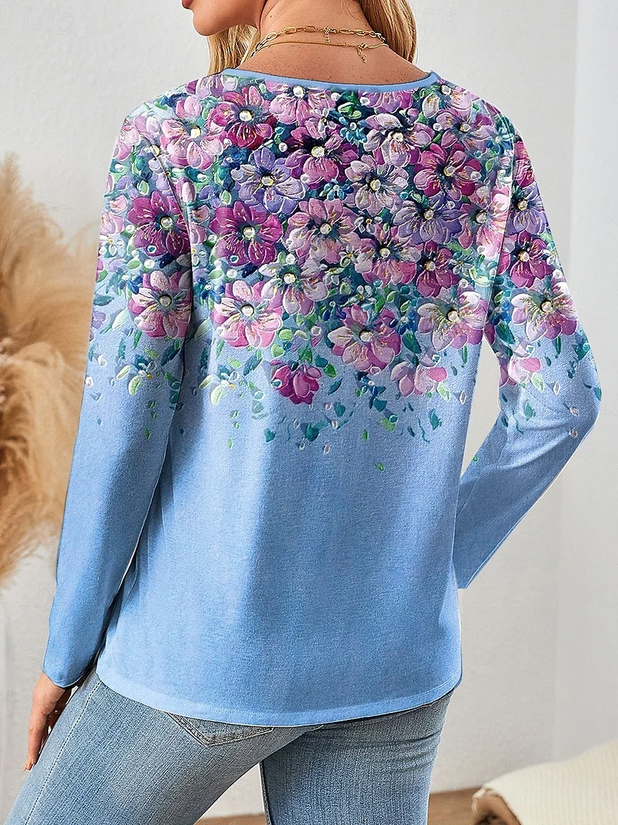 Women's T-shirt Floral Pattern Gradient Elegant Retro Fashion Long Sleeve V-Neck Regular Top Zipper Print Spring Autumn