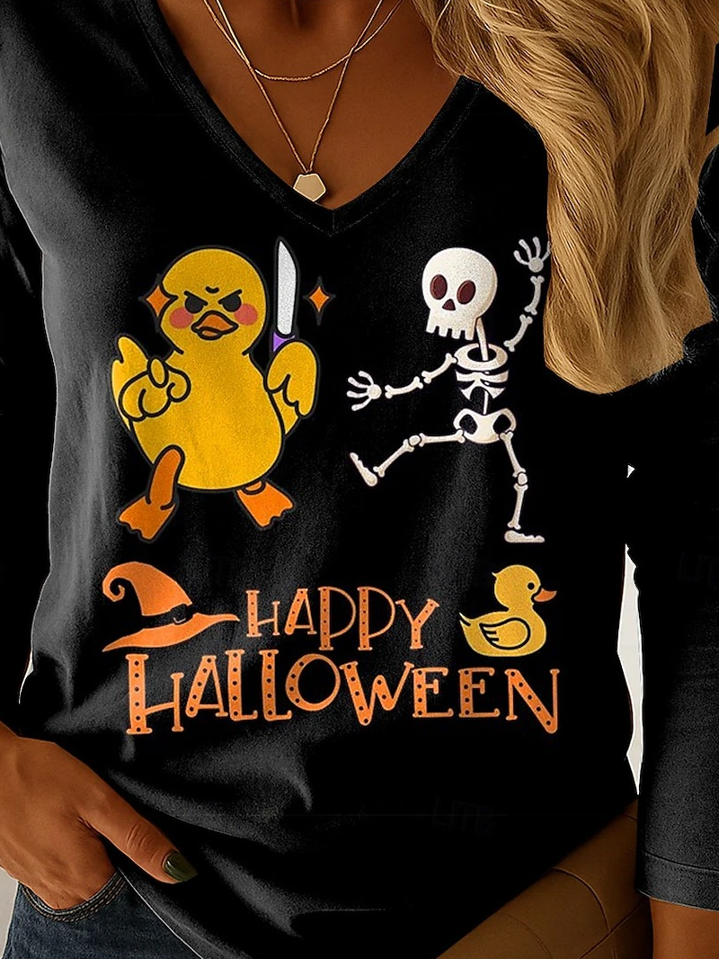 Halloween Women's T-Shirt Graphic Elegant Casual Long Sleeve V-Neck Regular Top