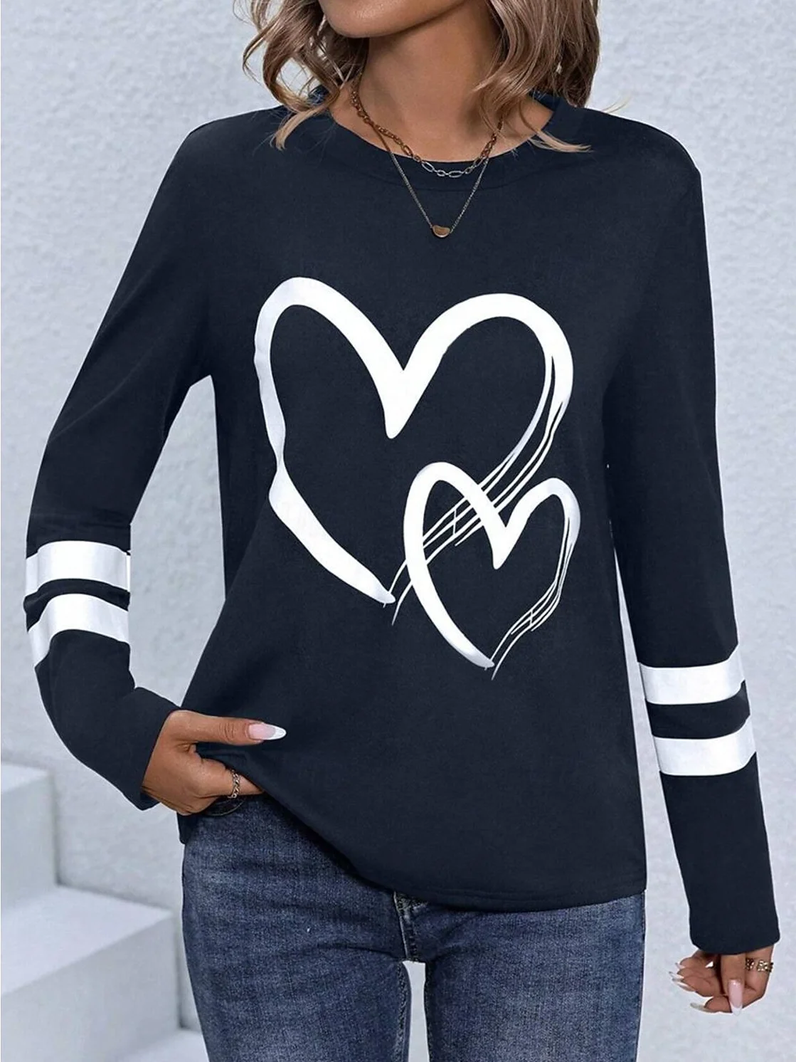 Women's T Shirt Casual Print Long Sleeve Regular Tops Crew Neck Daily Navy Blue Spring Fall