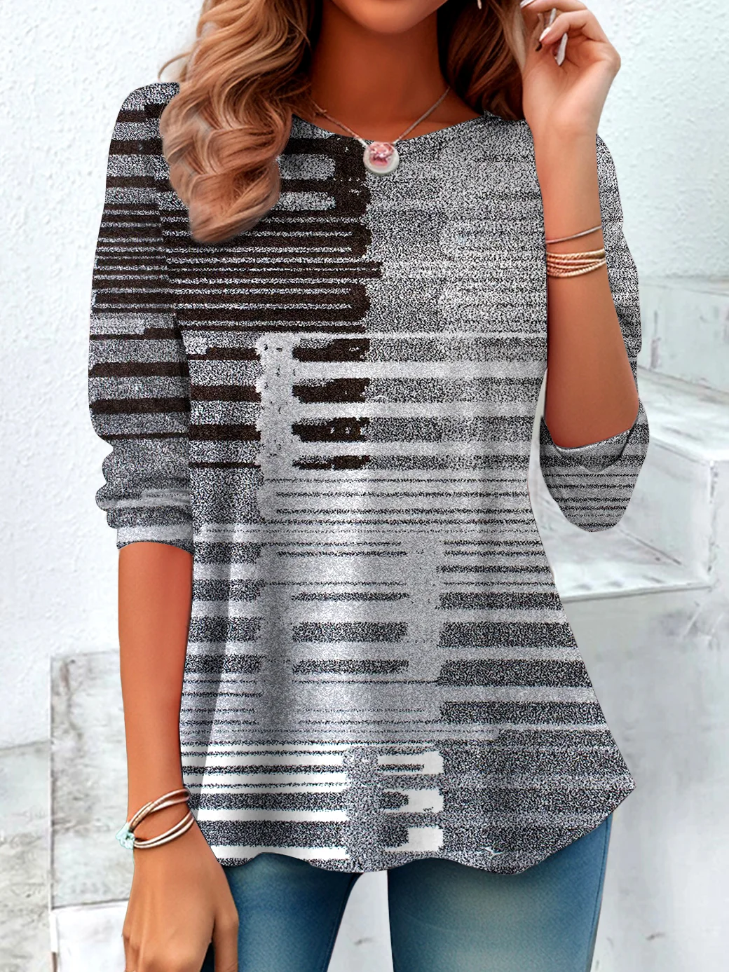 Crew Neck Vintage Cotton Plaid T-Shirt