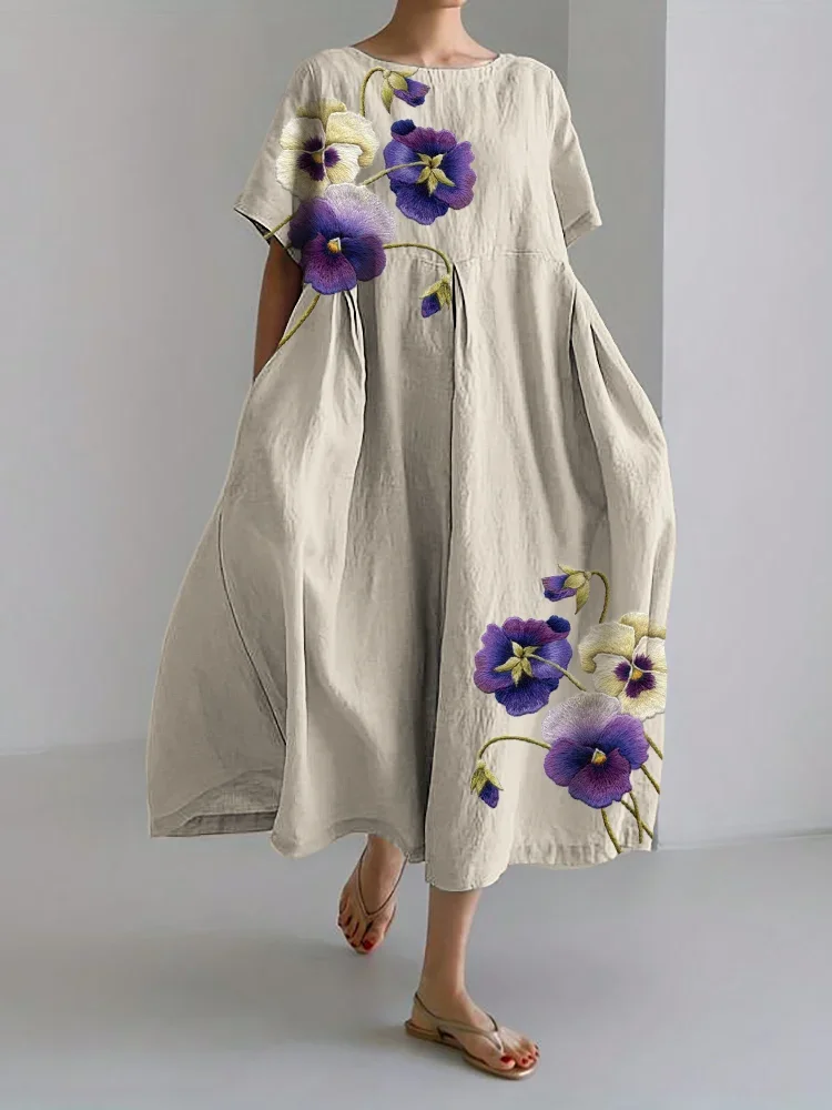 Cotton Crew Neck Casual Dress With No