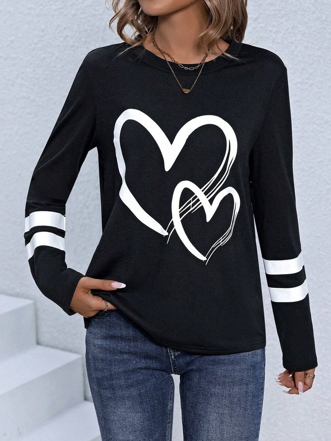 Women's T Shirt Casual Print Long Sleeve Regular Tops Crew Neck Daily Navy Blue Spring Fall