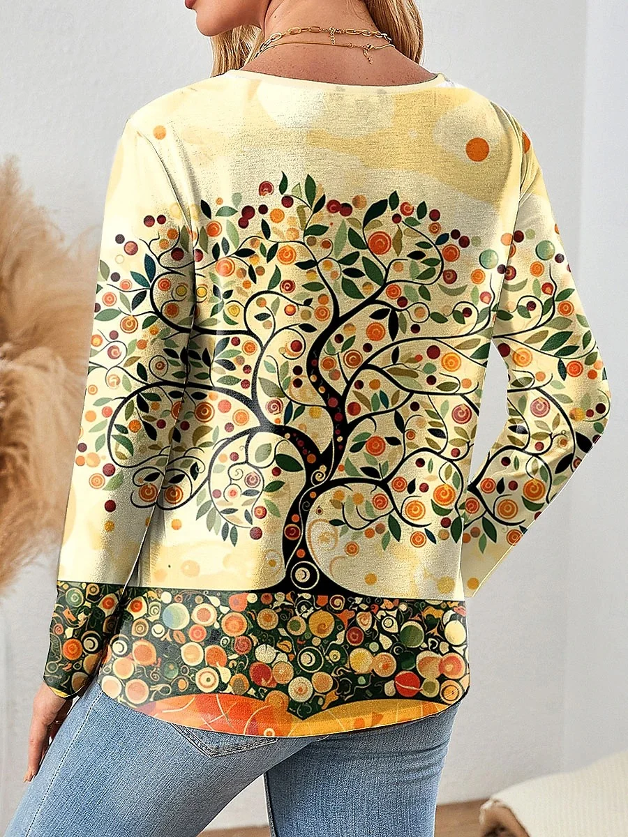 Women's T-shirt Botanical Pattern Elegant Retro Fashion Long Sleeve V-Neck Zipper Print Spring Autumn