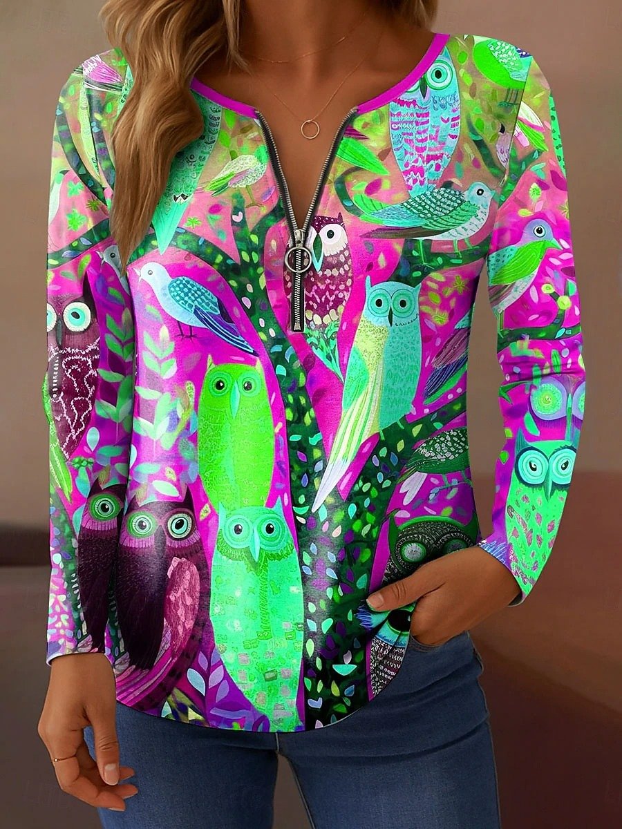 Women's Owl Graphic T-Shirt Elegant Vintage Fashion Long Sleeve V-Neck Regular Top Zipper Print Spring Autumn