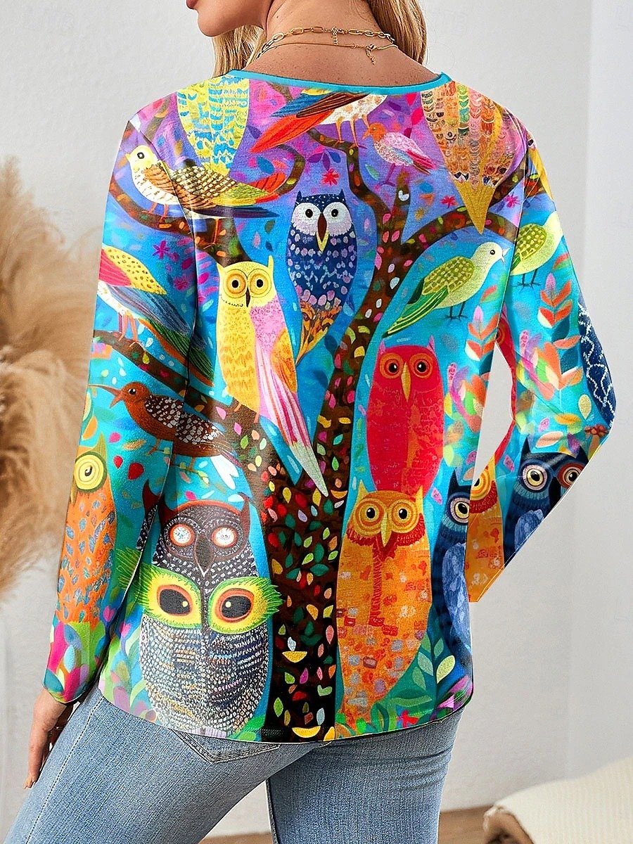 Women's Owl Graphic T-Shirt Elegant Vintage Fashion Long Sleeve V-Neck Regular Top Zipper Print Spring Autumn