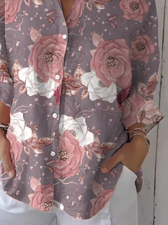 Women's Three Quarter Sleeve Shirt Spring/Fall Purple Floral Printing Shirt Collar Daily Going Out Casual Top