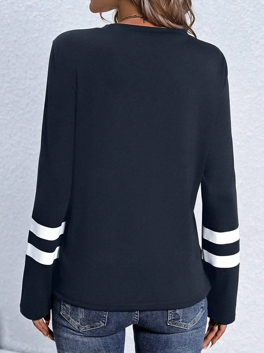 Women's T Shirt Casual Print Long Sleeve Regular Tops Crew Neck Daily Navy Blue Spring Fall