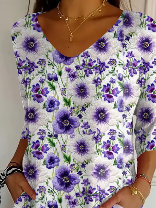 Women's Alzheimer's Disease Floral Print V-Neck T-Shirt
