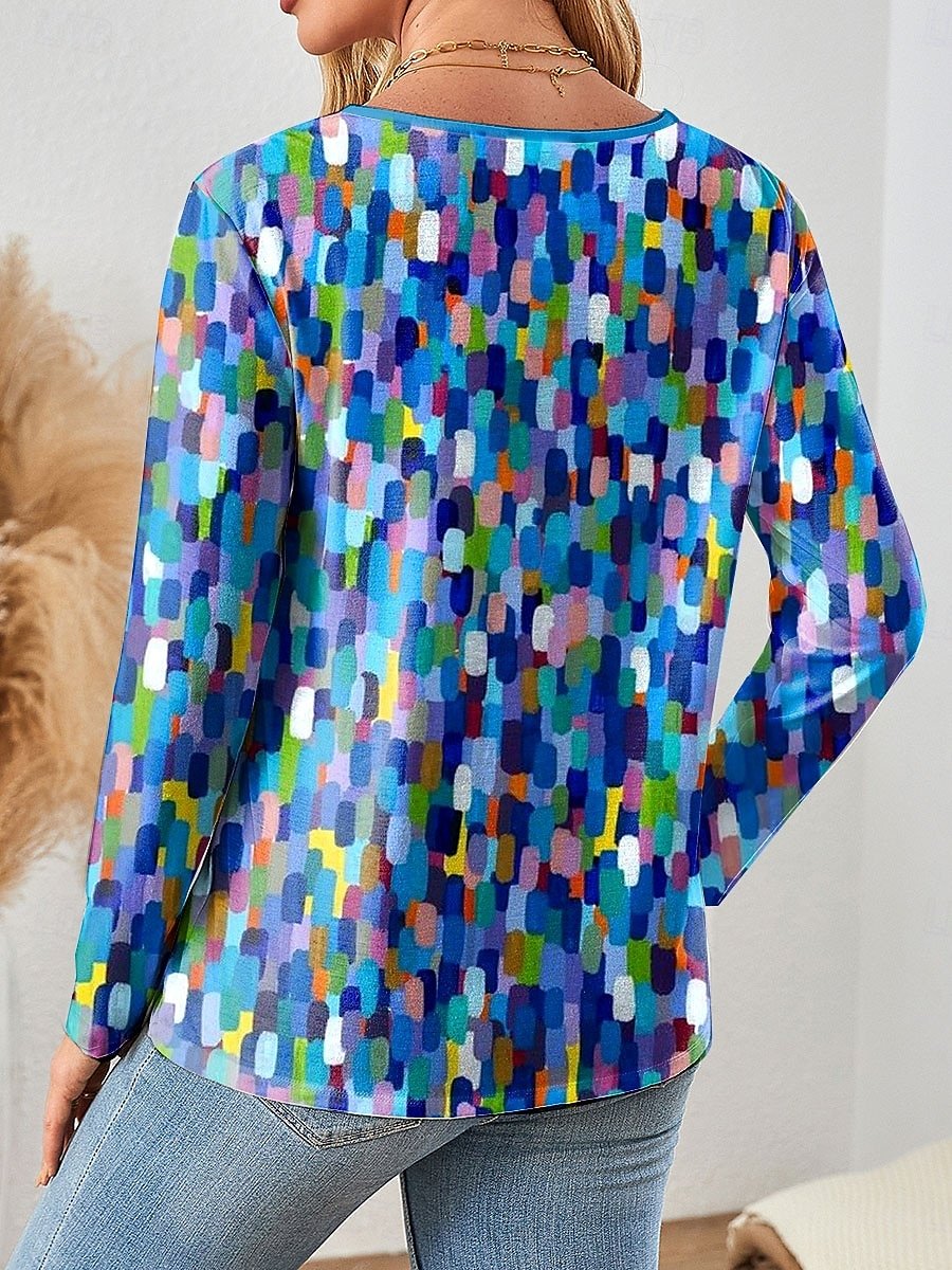 Women's Gradient Color Abstract Pattern T-Shirt Elegant Retro Fashion Long Sleeve V-Neck Regular Fit Top Spring Autumn
