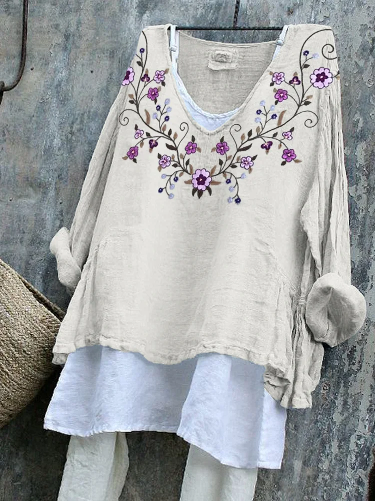 Loose Cotton Linen Floral T-Shirt