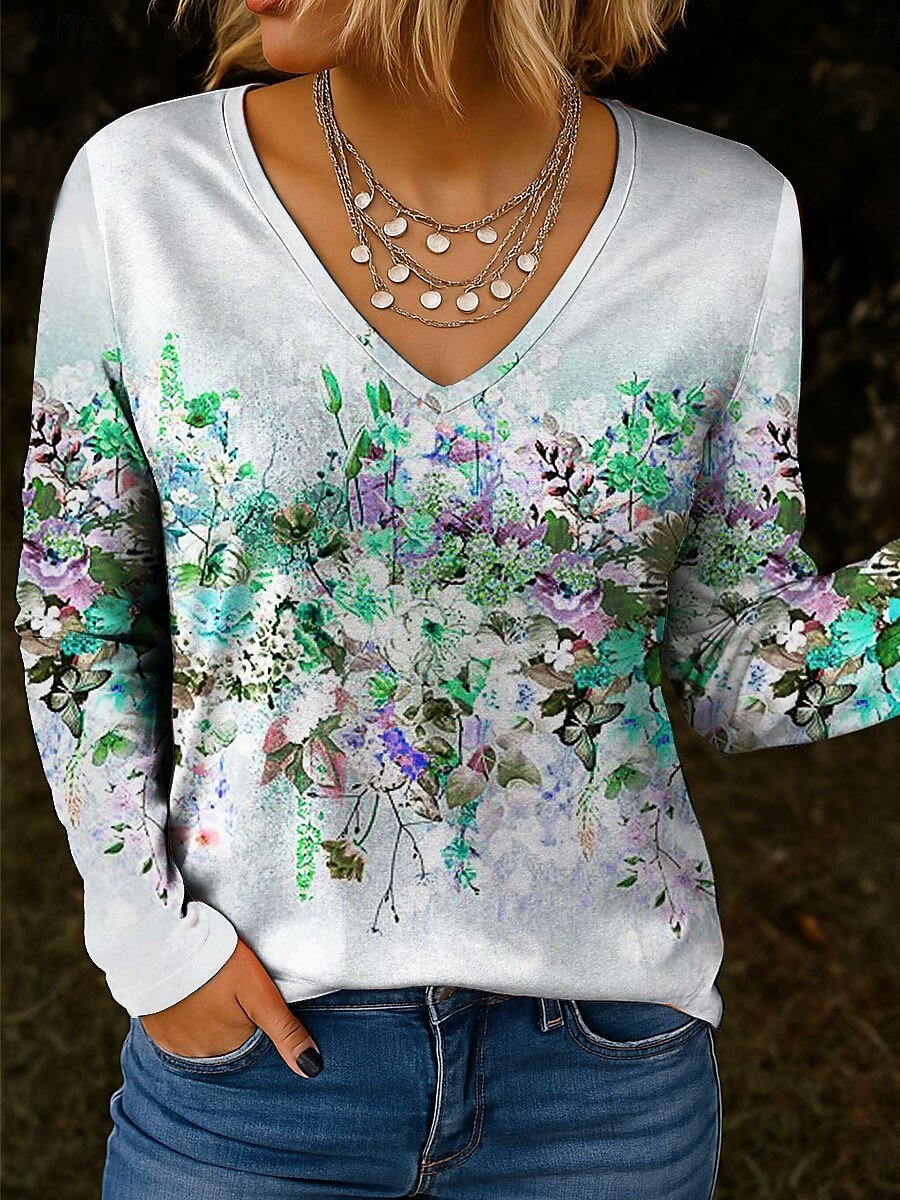 Women's Gradient Color Abstract Pattern T-Shirt Elegant Vintage Long Sleeve V-Neck Regular Fit Top Spring Autumn