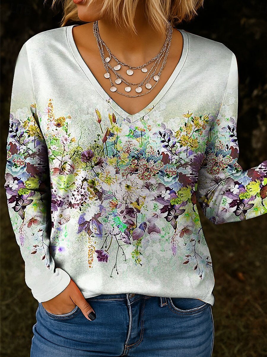 Women's Gradient Color Abstract Pattern T-Shirt Elegant Vintage Long Sleeve V-Neck Regular Fit Top Spring Autumn