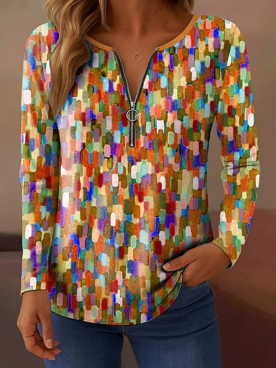 Women's Gradient Color Abstract Pattern T-Shirt Elegant Retro Fashion Long Sleeve V-Neck Regular Fit Top Spring Autumn