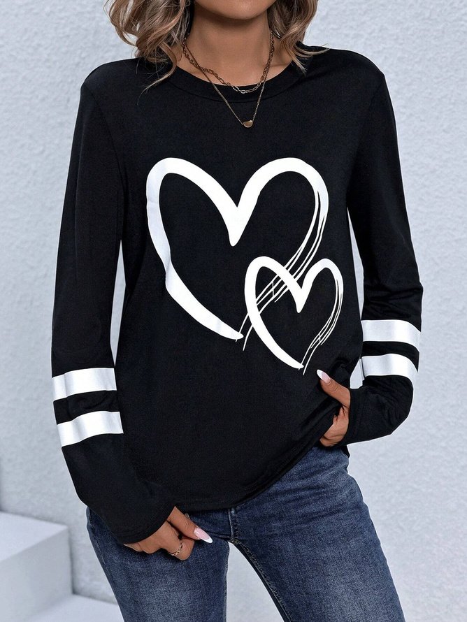Women's T Shirt Casual Print Long Sleeve Regular Tops Crew Neck Daily Navy Blue Spring Fall