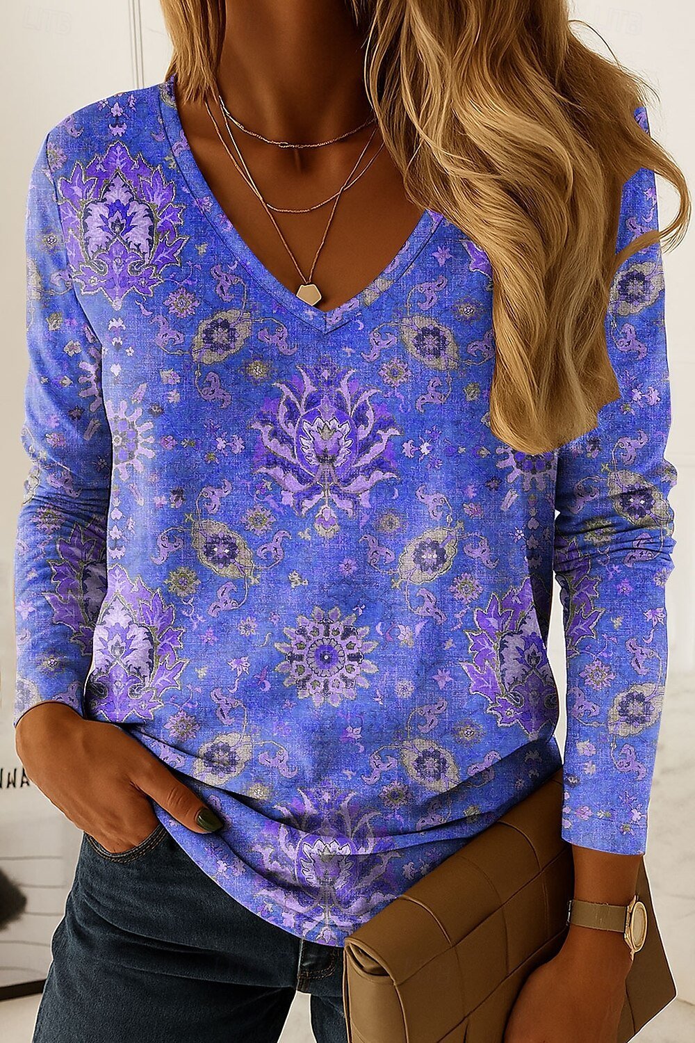 Women's Abstract Pattern T-Shirt Elegant Vintage Long Sleeve V-Neck Regular Fit Top Spring Autumn
