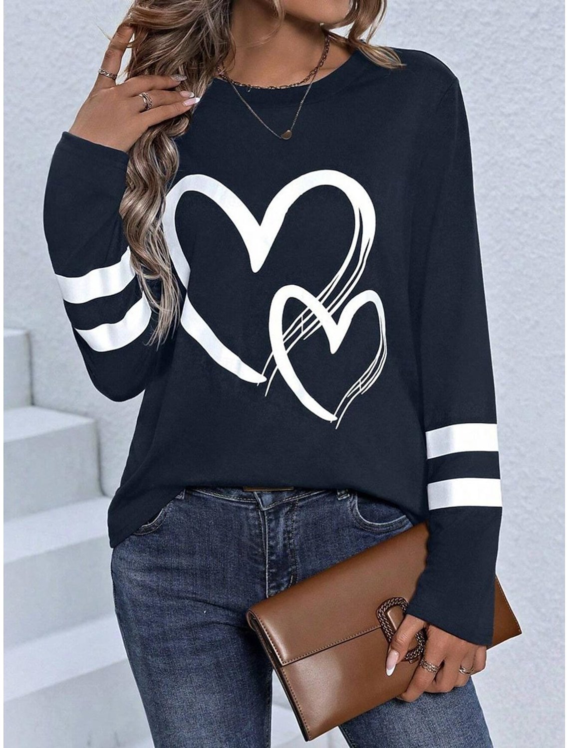 Women's T Shirt Casual Print Long Sleeve Regular Tops Crew Neck Daily Navy Blue Spring Fall