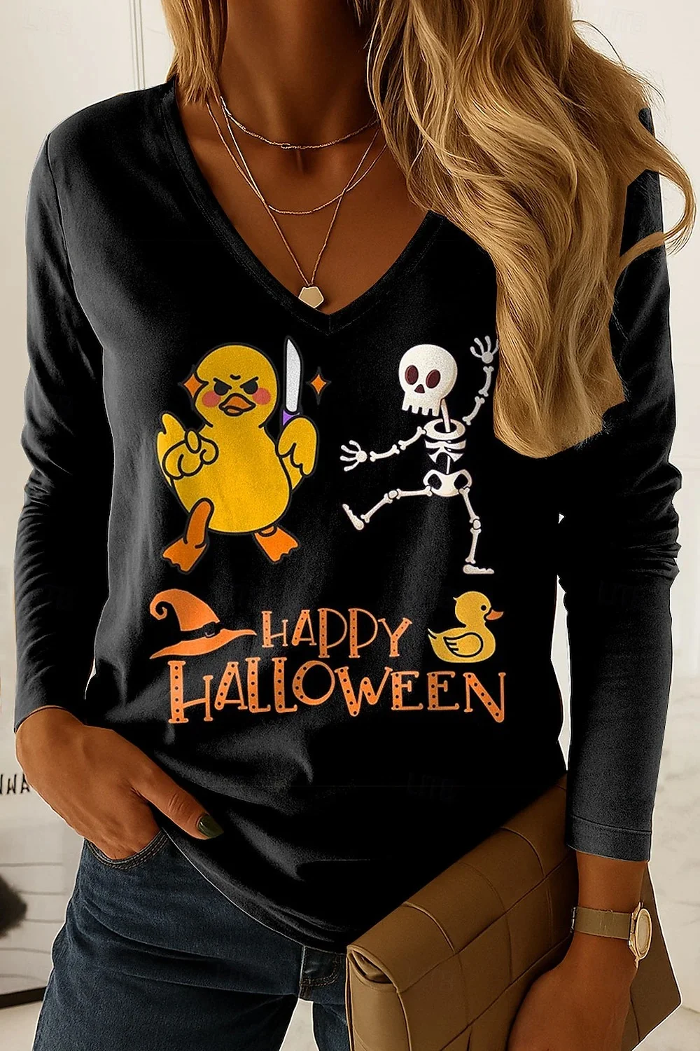 Halloween Women's T-Shirt Graphic Elegant Casual Long Sleeve V-Neck Regular Top