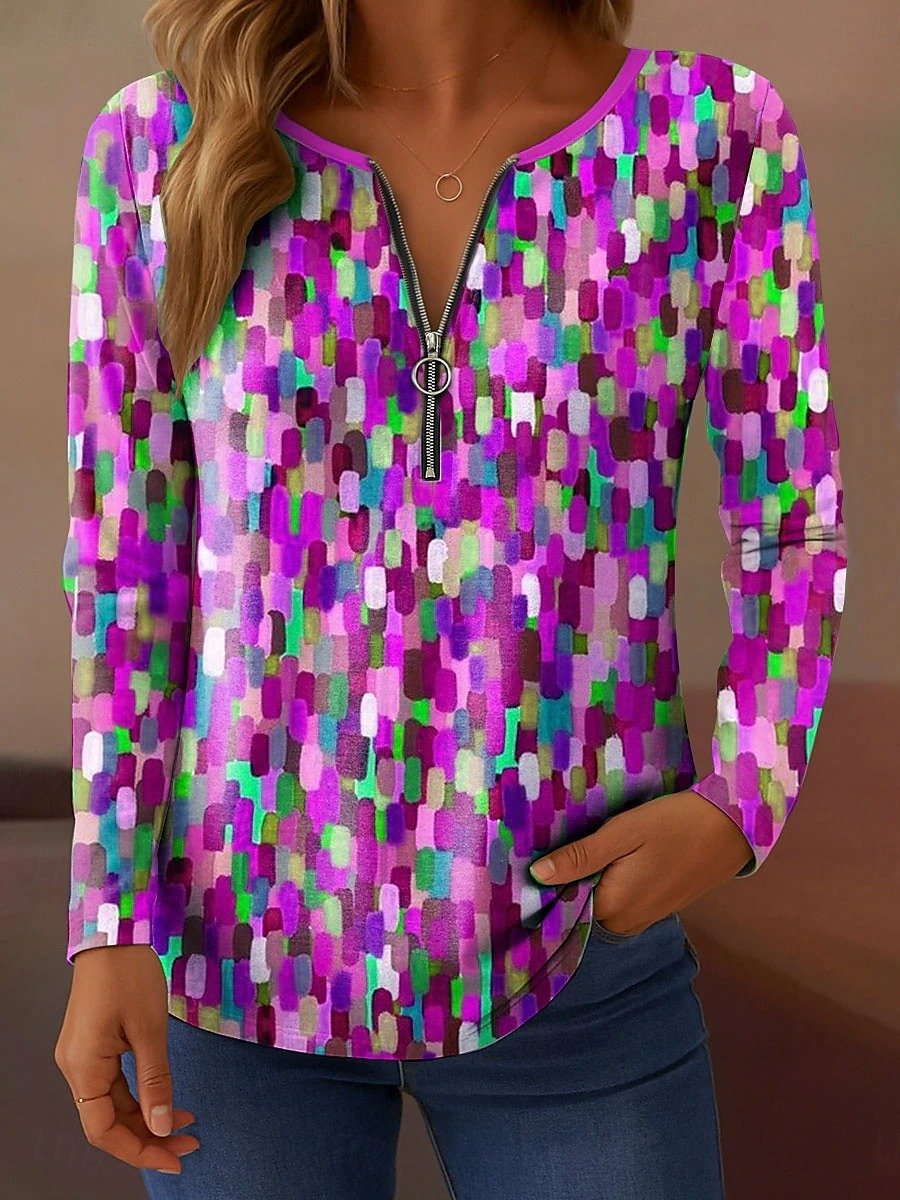 Women's Gradient Color Abstract Pattern T-Shirt Elegant Retro Fashion Long Sleeve V-Neck Regular Fit Top Spring Autumn