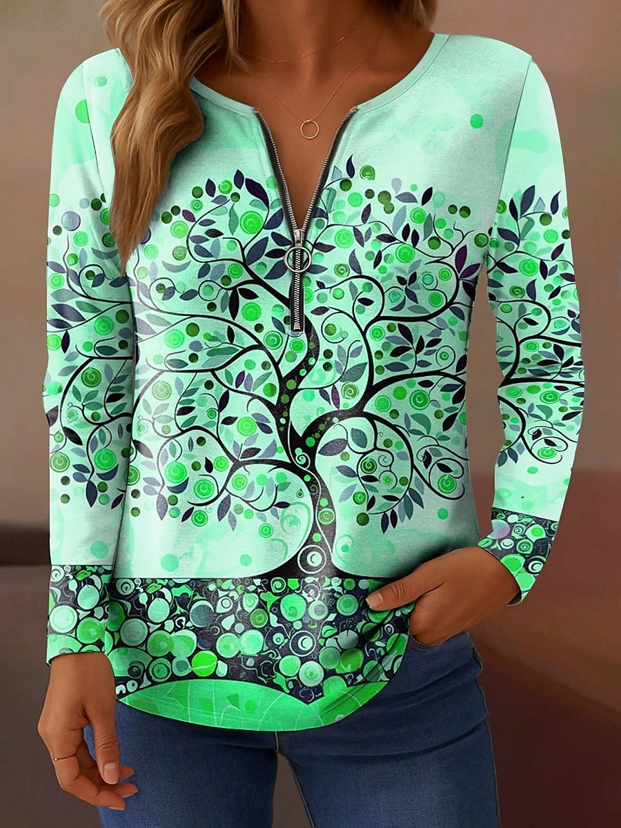 Women's T-shirt Botanical Pattern Elegant Retro Fashion Long Sleeve V-Neck Zipper Print Spring Autumn