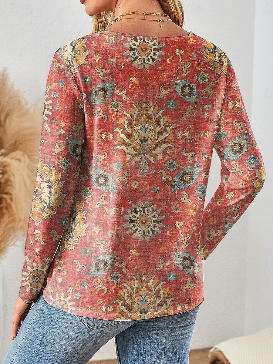 Women's Abstract Pattern T-Shirt Elegant Vintage Long Sleeve V-Neck Regular Fit Top Spring Autumn