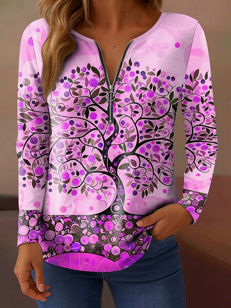 Women's T-shirt Botanical Pattern Elegant Retro Fashion Long Sleeve V-Neck Zipper Print Spring Autumn