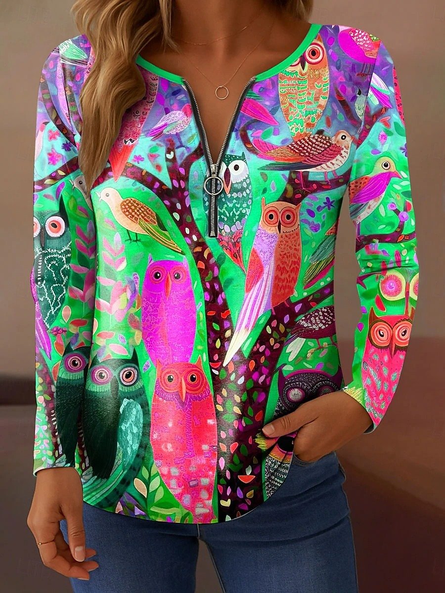 Women's Owl Graphic T-Shirt Elegant Vintage Fashion Long Sleeve V-Neck Regular Top Zipper Print Spring Autumn