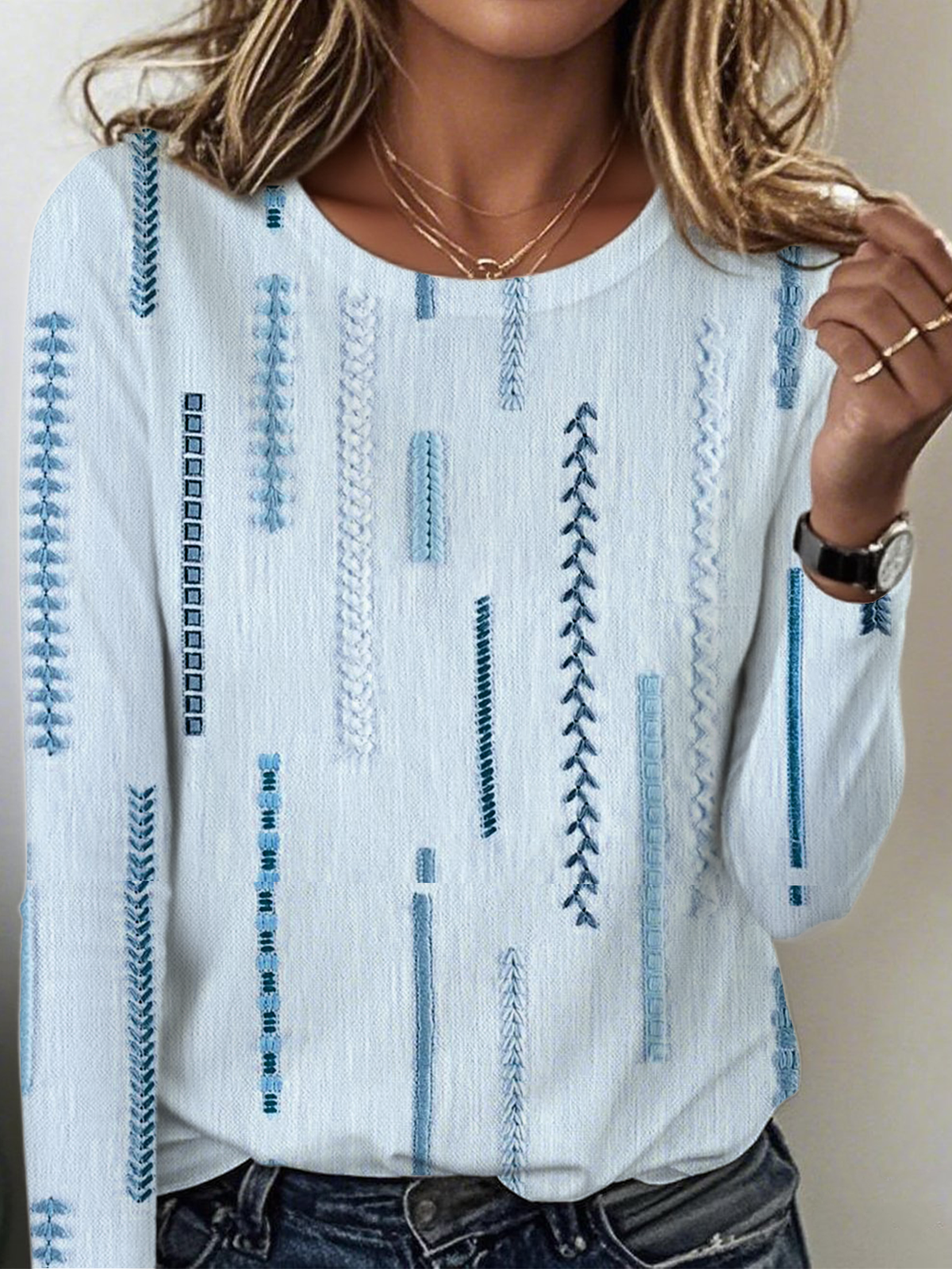 Women's Everyday Graphic T-shirt Elegant Retro Round Neck Long Sleeve Top Spring and Autumn