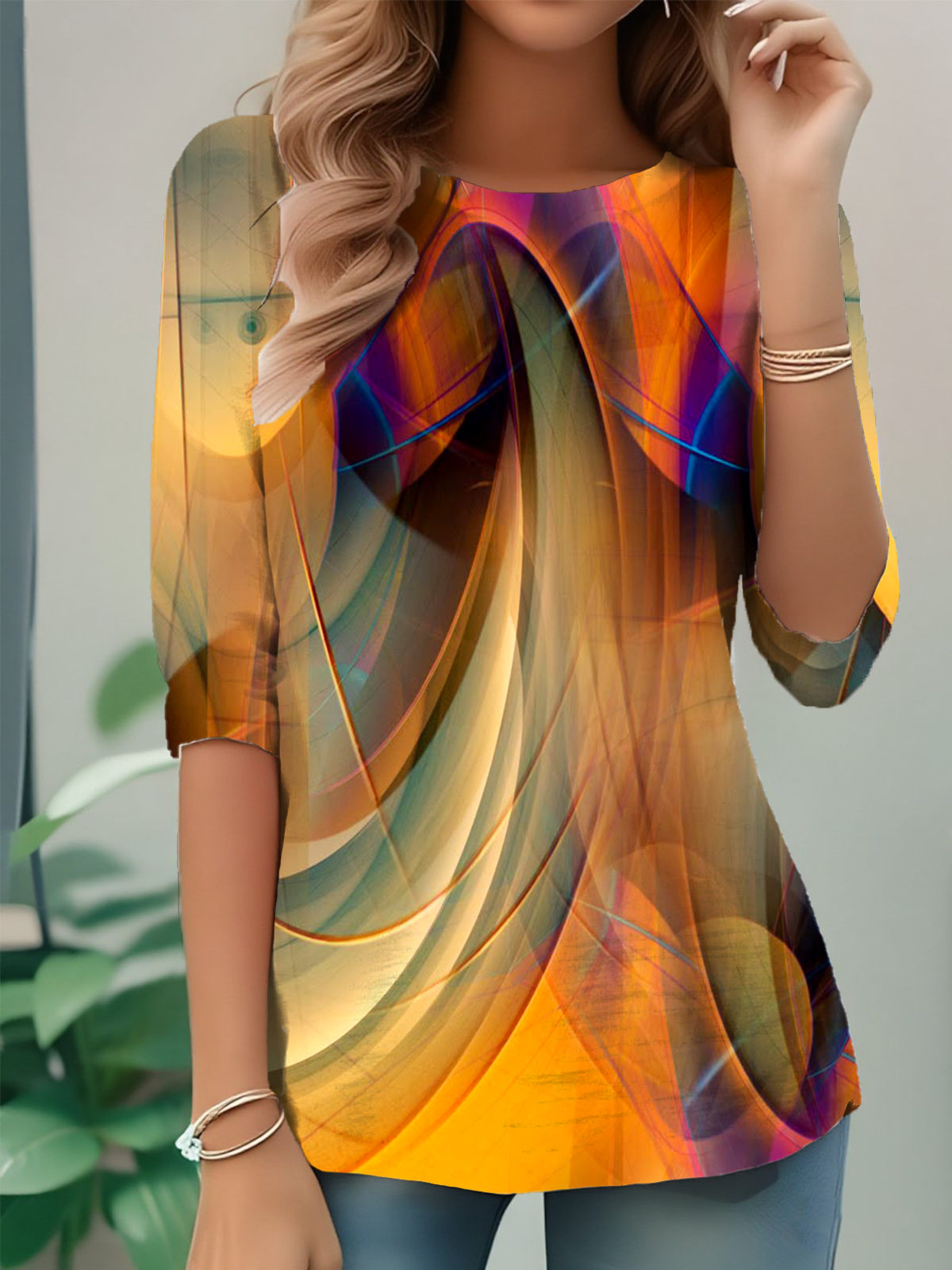 Women's Everyday Graphic T-shirt Elegant Retro Round Neck Long Sleeve Top Spring and Autumn