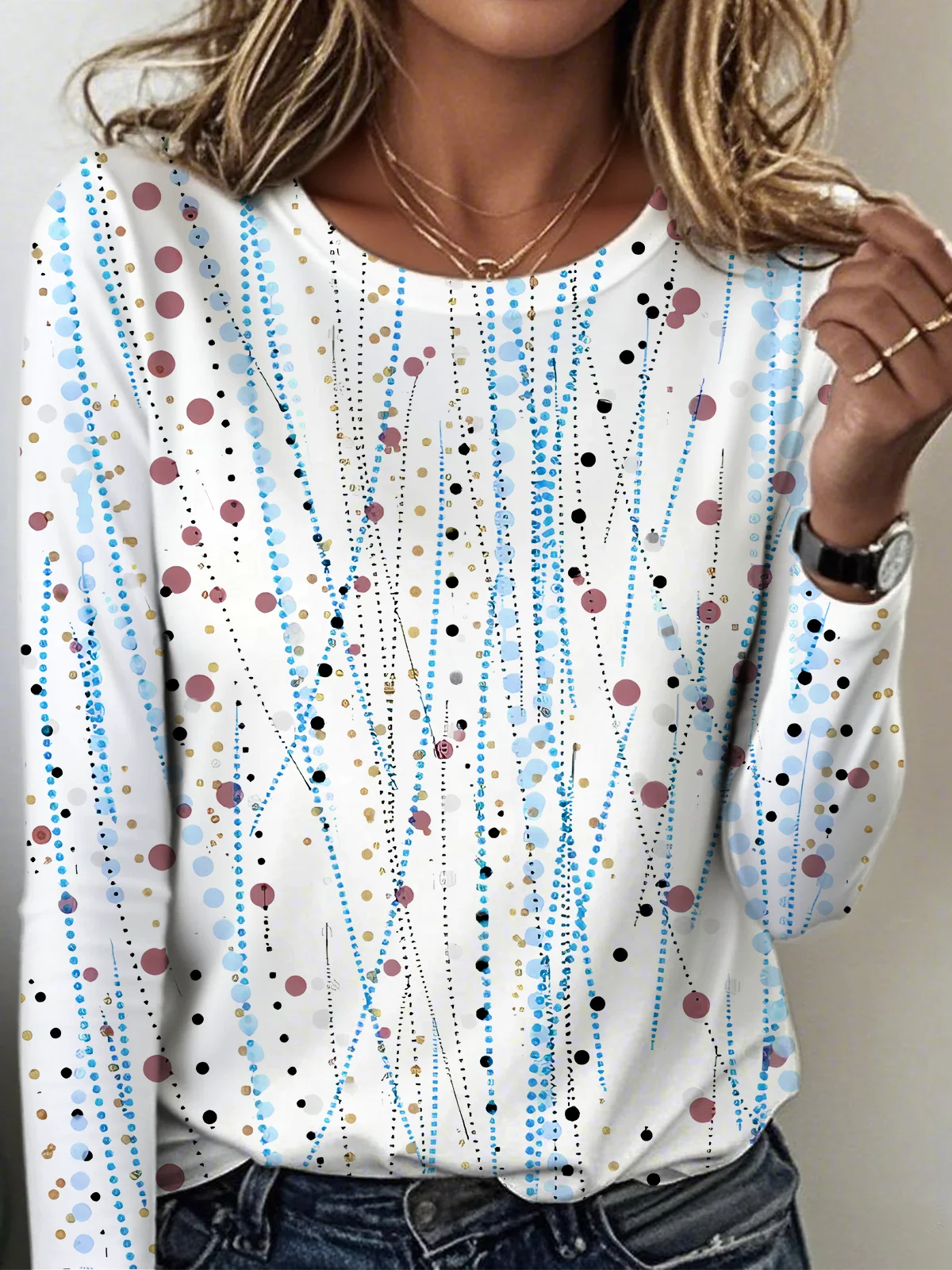 Women's Geometric Pattern T-shirt Elegant Retro Round Neck Long Sleeve Spring and Autumn Top