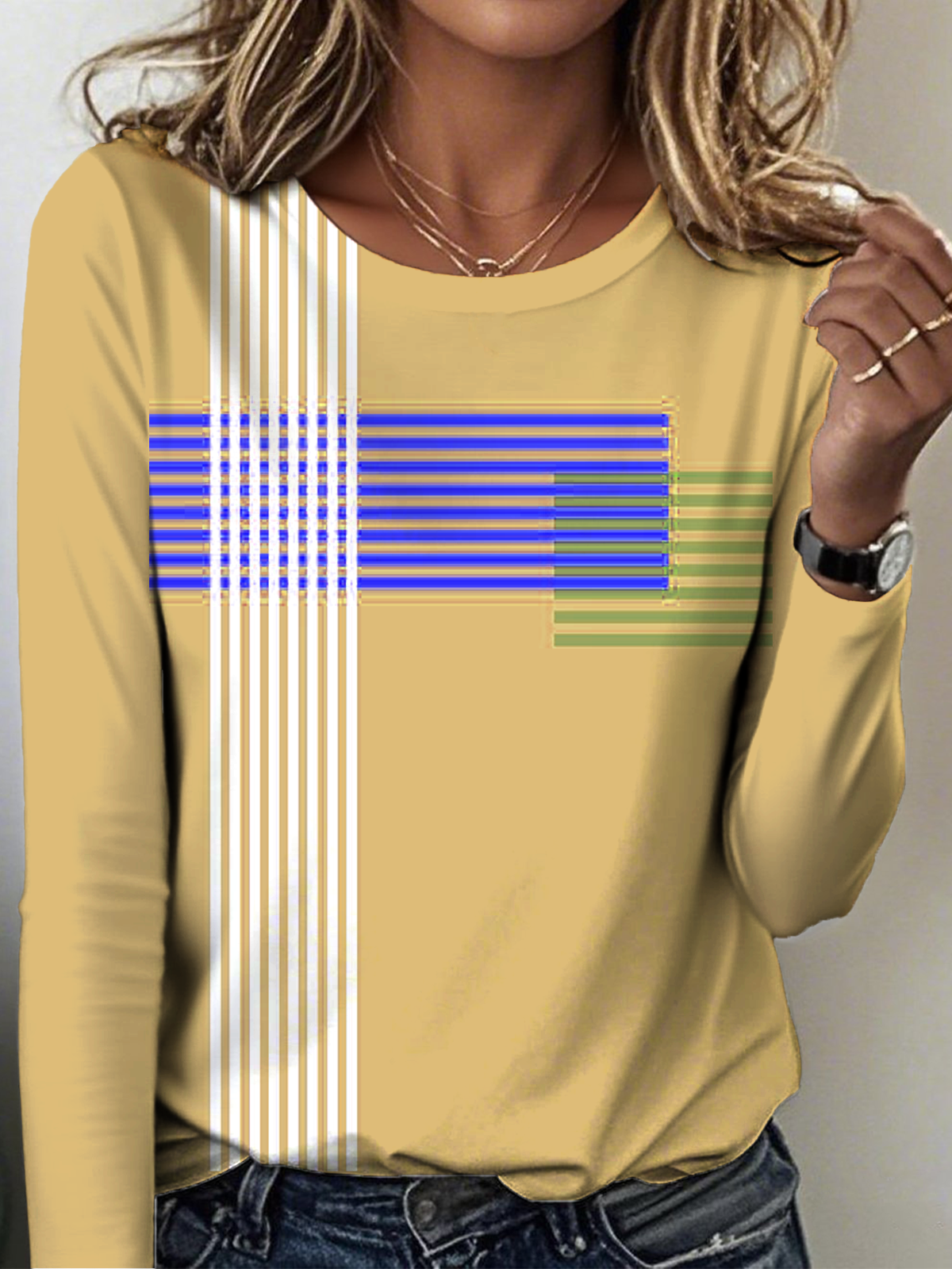 Women's Striped Pattern T-shirt Elegant Retro Round Neck Long Sleeve Spring and Autumn Top
