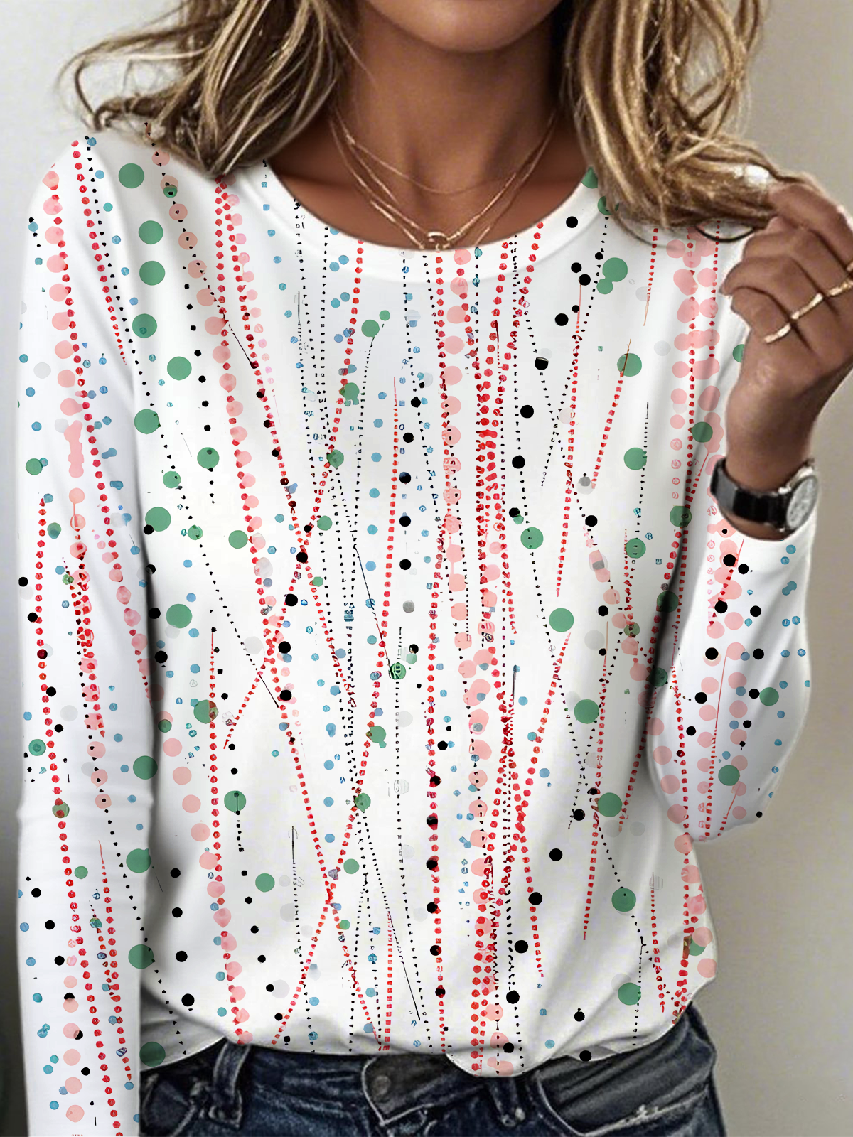 Women's Geometric Pattern T-shirt Elegant Retro Round Neck Long Sleeve Spring and Autumn Top