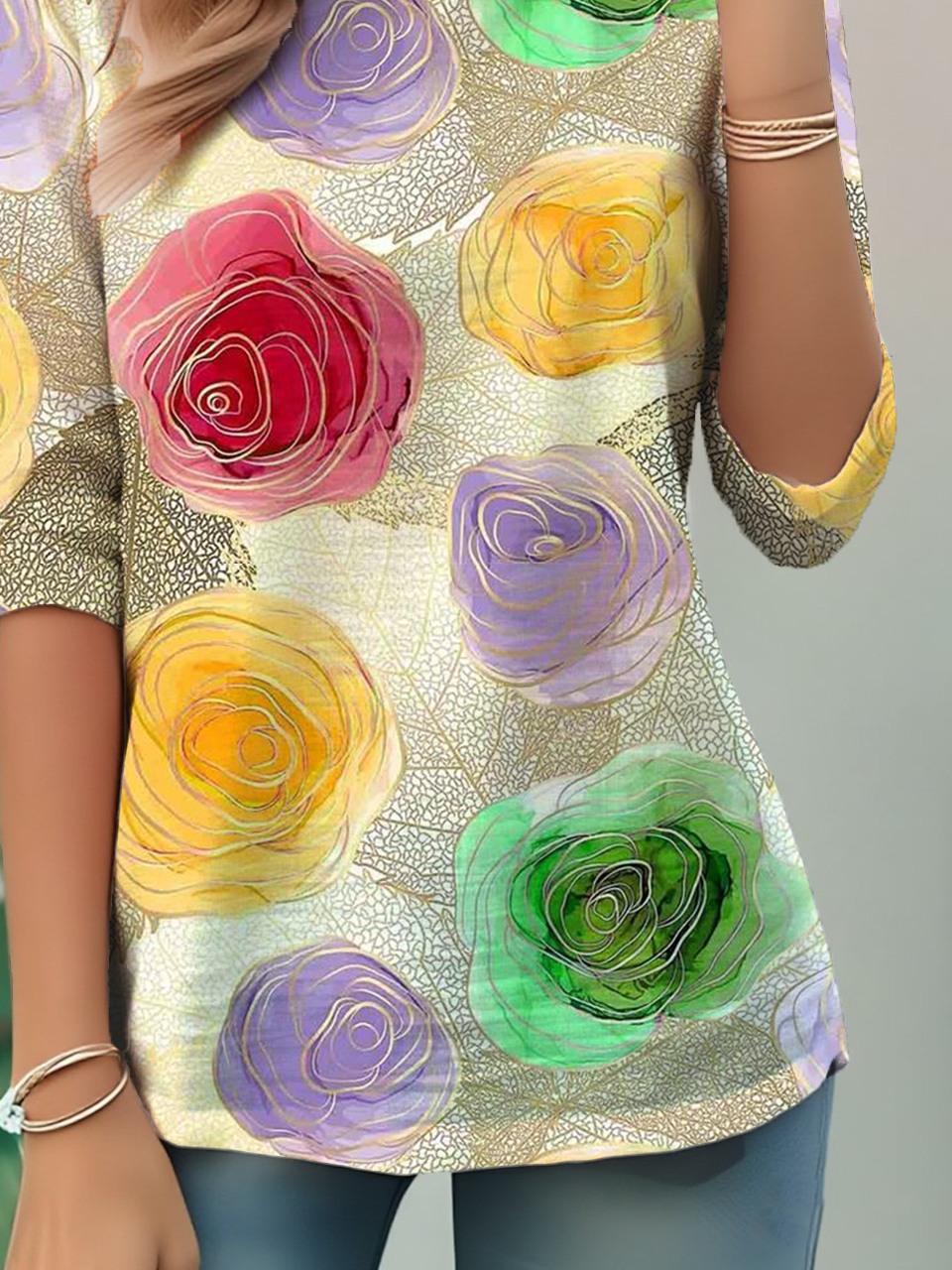 Women's Floral Pattern T-Shirt Elegant Retro Round Neck Long Sleeve Top For Daily Spring And Autumn