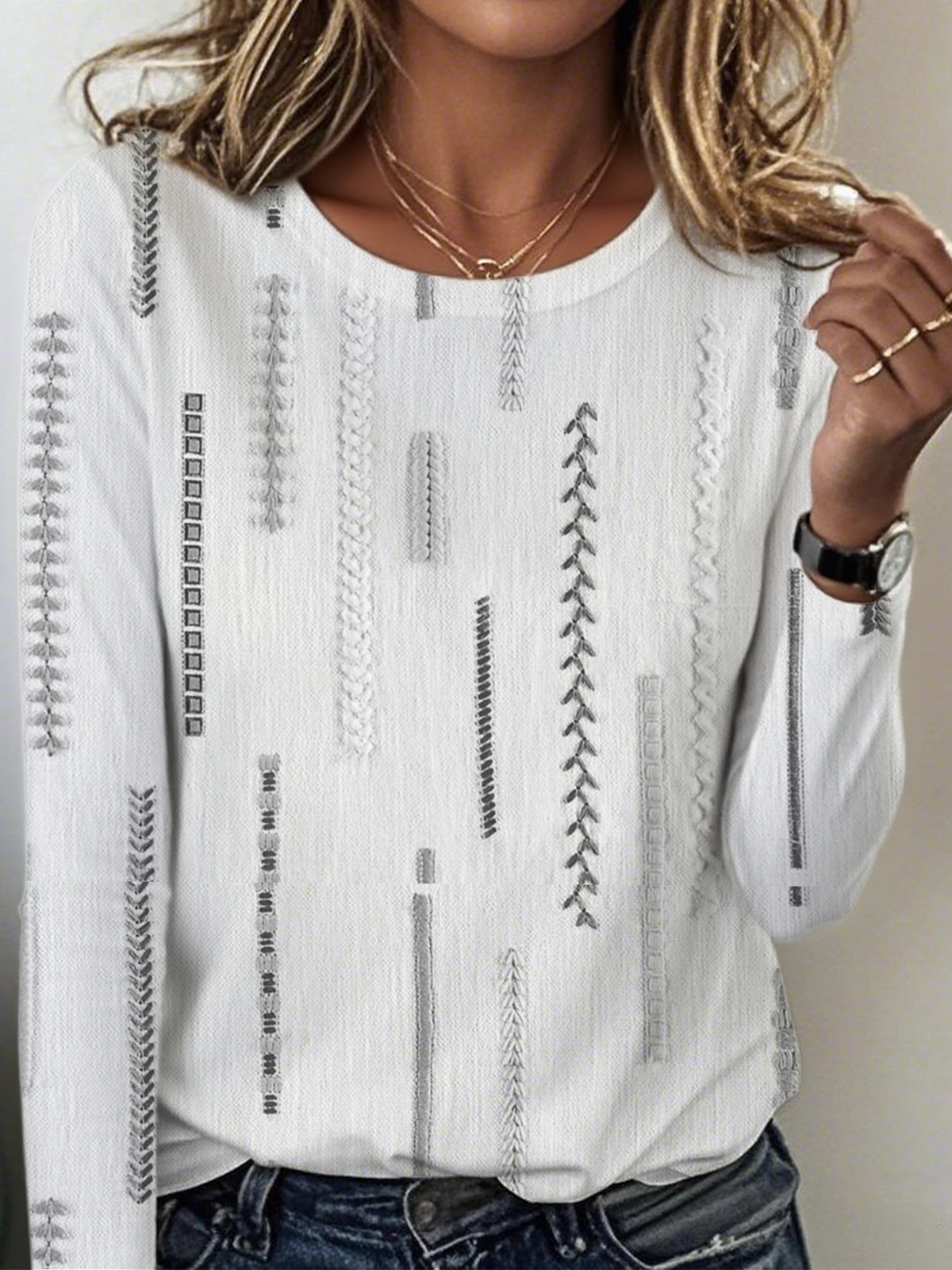 Women's Everyday Graphic T-shirt Elegant Retro Round Neck Long Sleeve Top Spring and Autumn