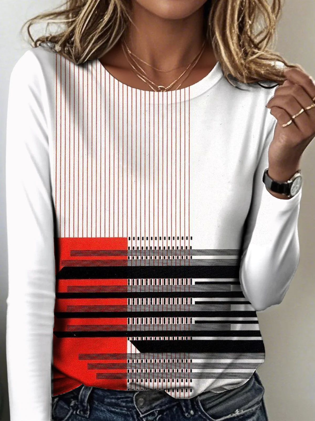 Women's Gradient Pattern T-shirt Elegant Retro Round Neck Long Sleeve Spring and Autumn Top