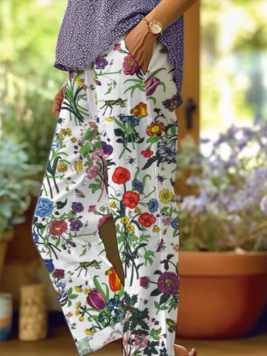 Women's  H-Line Baggy Pants Daily Going Out Pants White Casual Printing Floral Spring/Fall Pants