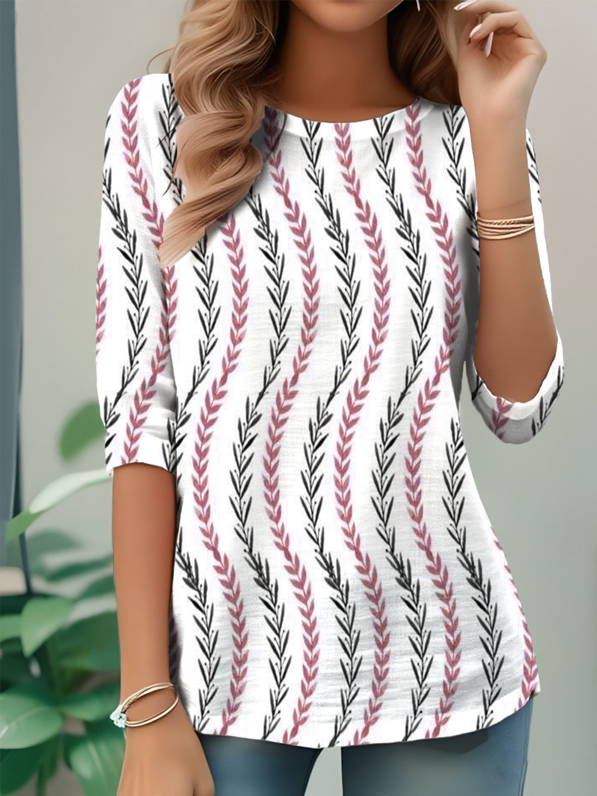 Women's Everyday Graphic T-shirt Elegant Retro Round Neck Long Sleeve Top Spring and Autumn
