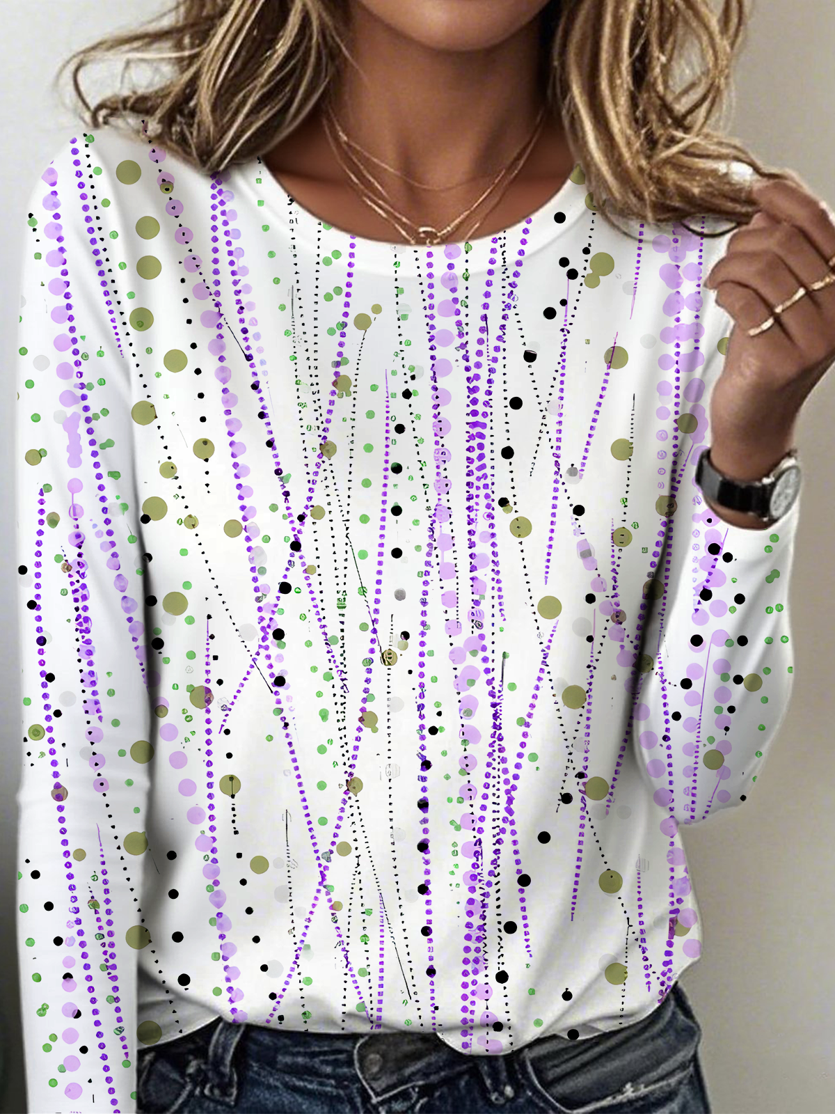 Women's Geometric Pattern T-shirt Elegant Retro Round Neck Long Sleeve Spring and Autumn Top