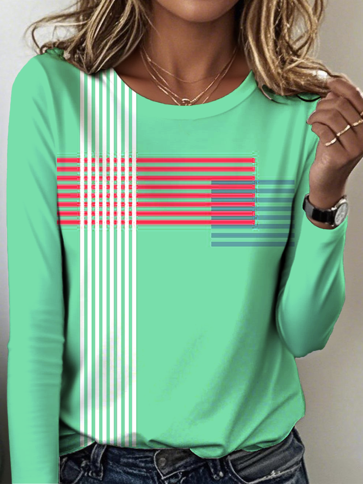 Women's Striped Pattern T-shirt Elegant Retro Round Neck Long Sleeve Spring and Autumn Top
