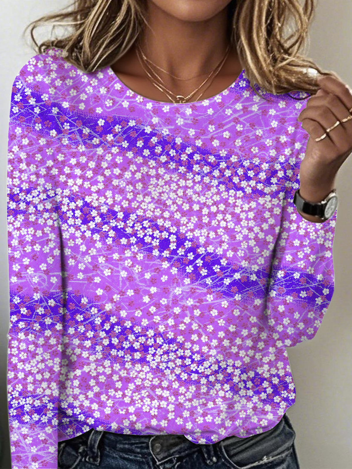 Women's Floral Gradient Pattern T-shirt Elegant Retro Round Neck Long Sleeve Spring and Autumn Top