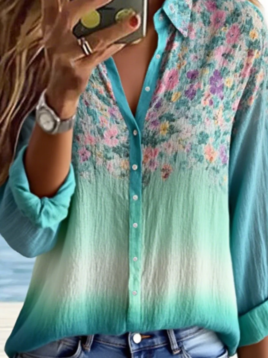 Women's Floral Gradient Pattern Shirt Elegant Long Sleeve Spring and Autumn Tops