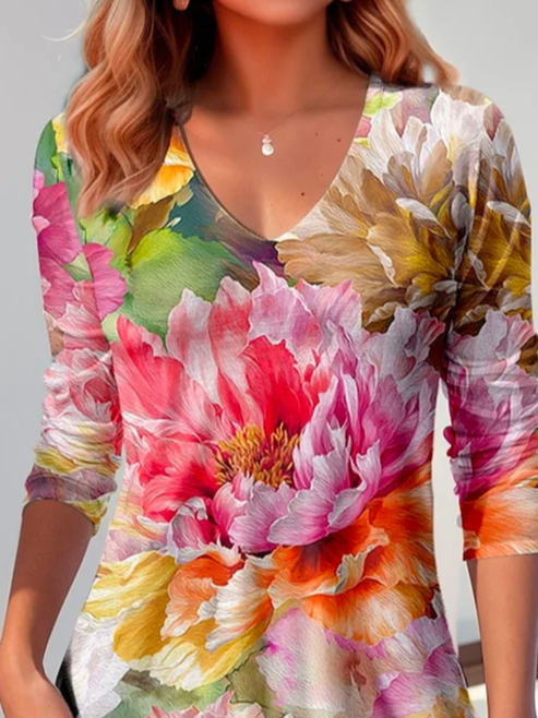 Women's Long Sleeve T-shirt Spring/Fall As Picture Floral Printing Jersey V Neck Daily Going Out Casual Top