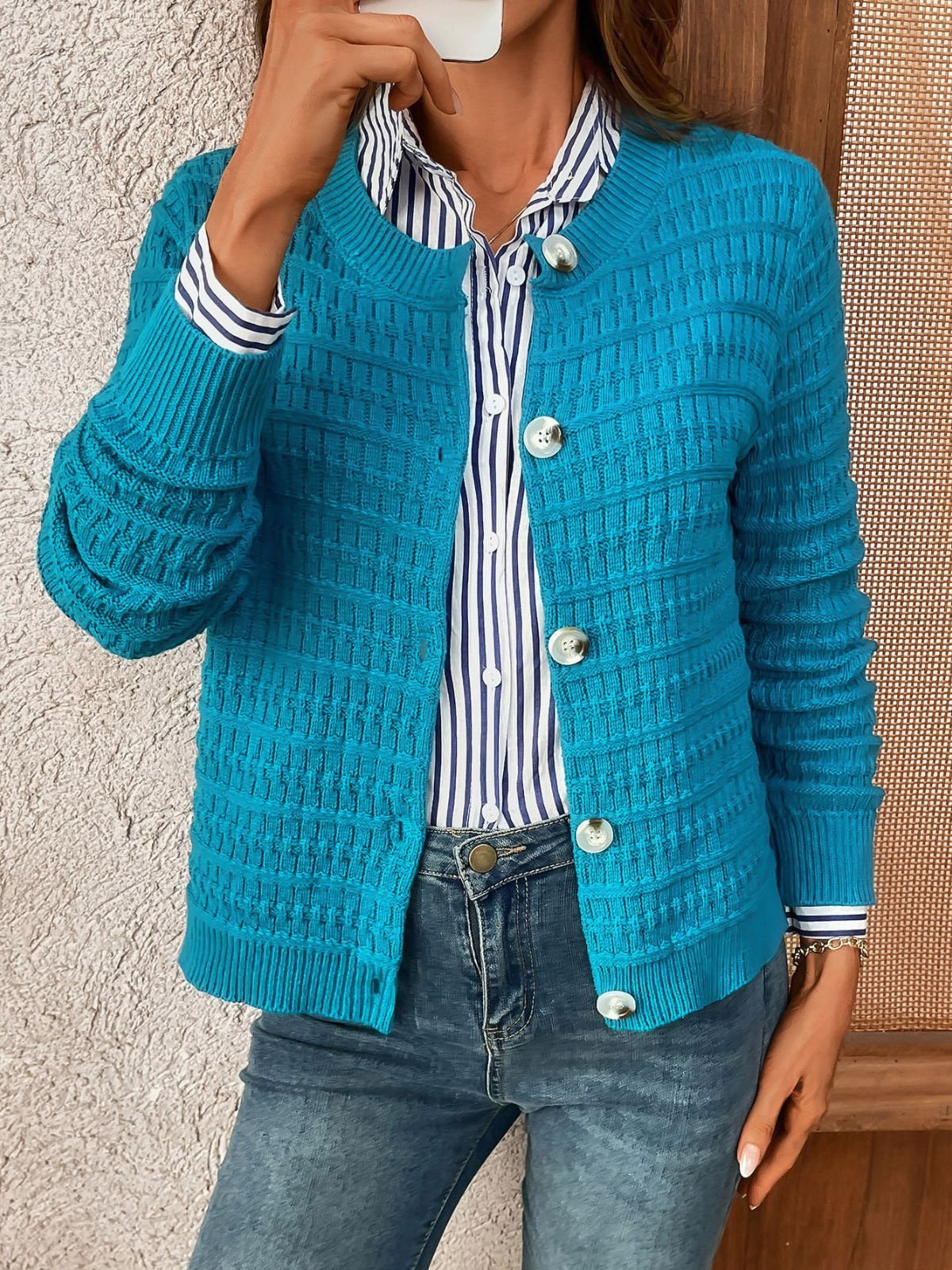 Simple Crew Neck Plain Cardigan