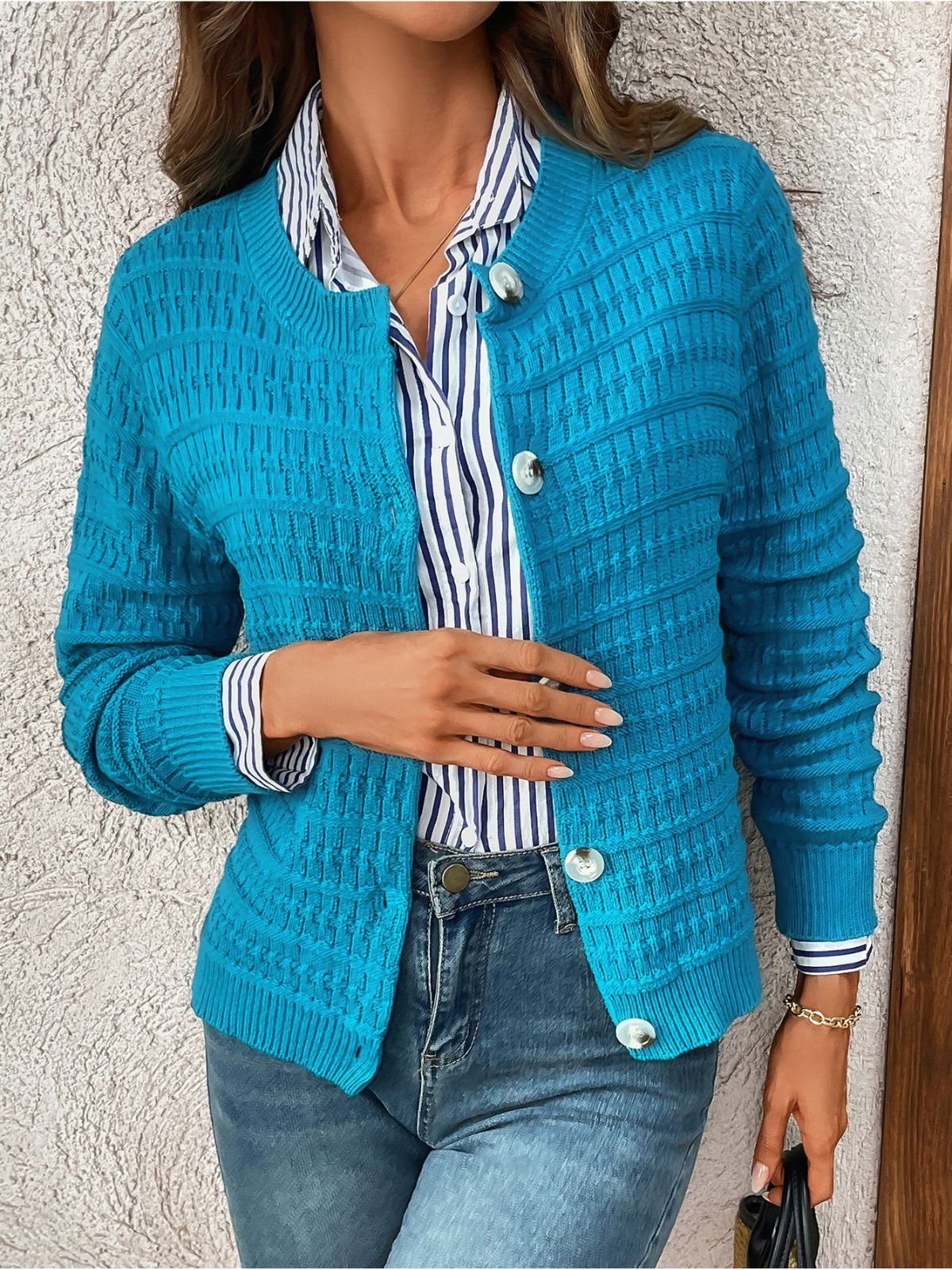 Simple Crew Neck Plain Cardigan