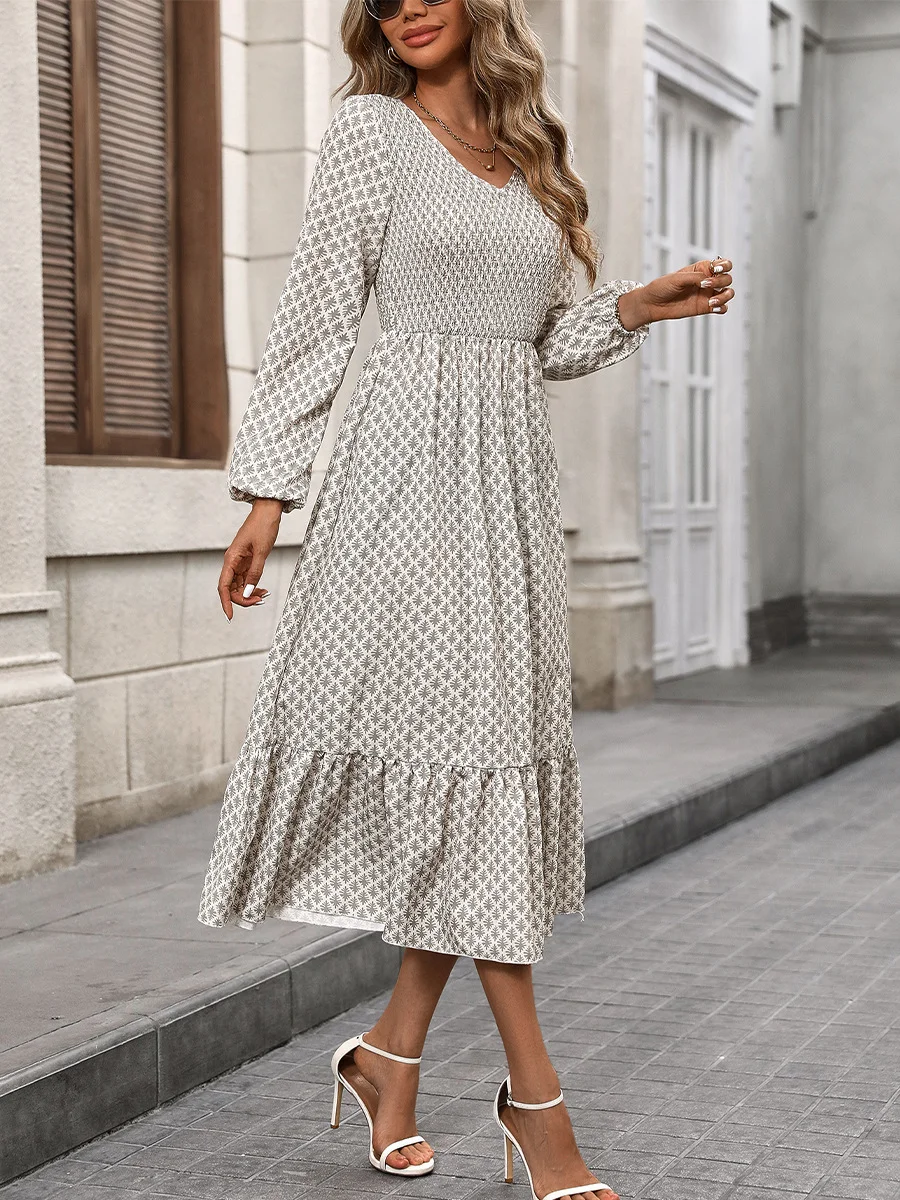 V Neck Geometric Casual Dress With No