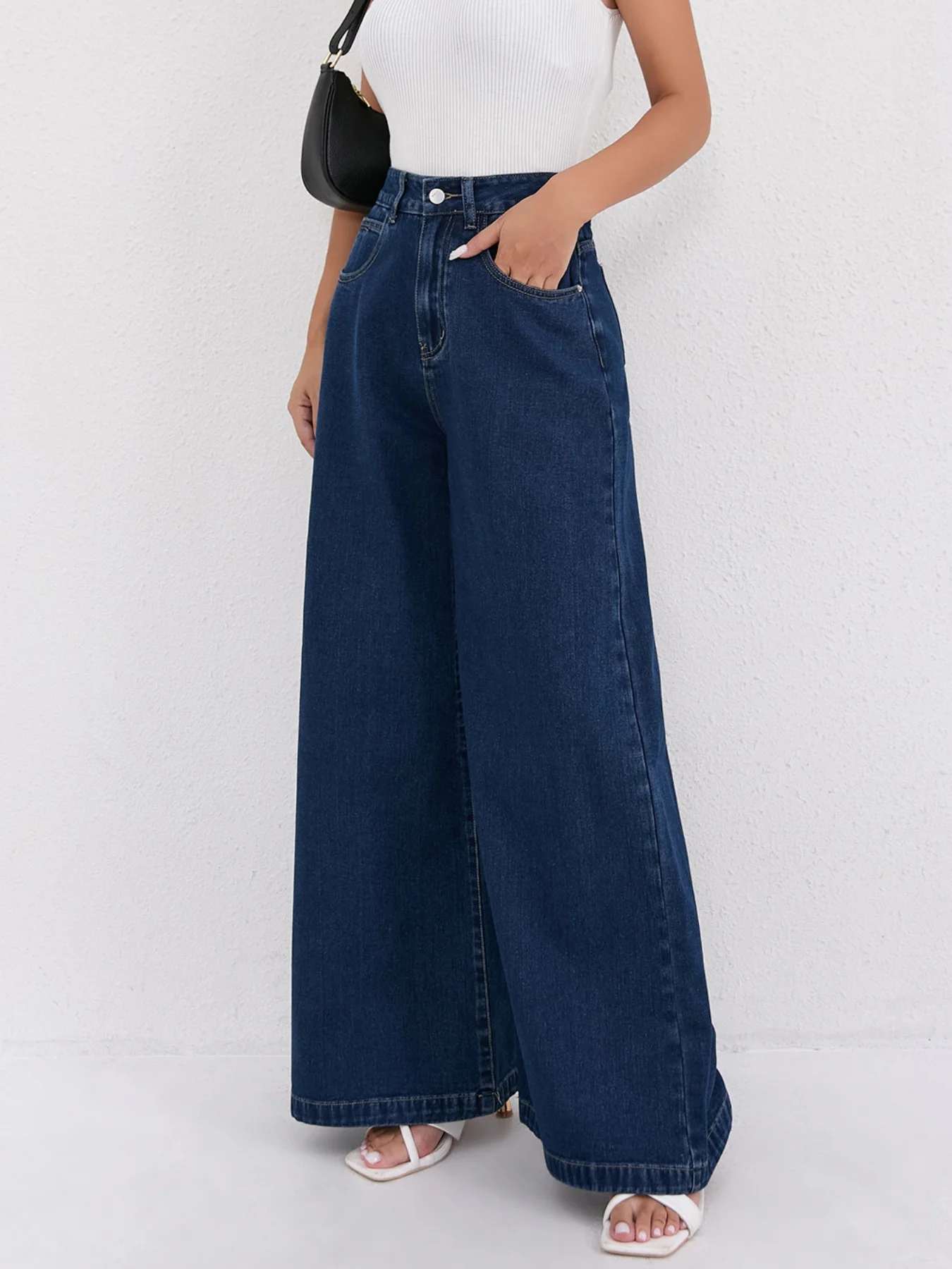 Women's  Commuting Going Out Pants Dark_blue VintageLoose And Slim High Waist Dark Blue Wide-leg Floor-length Jeans
