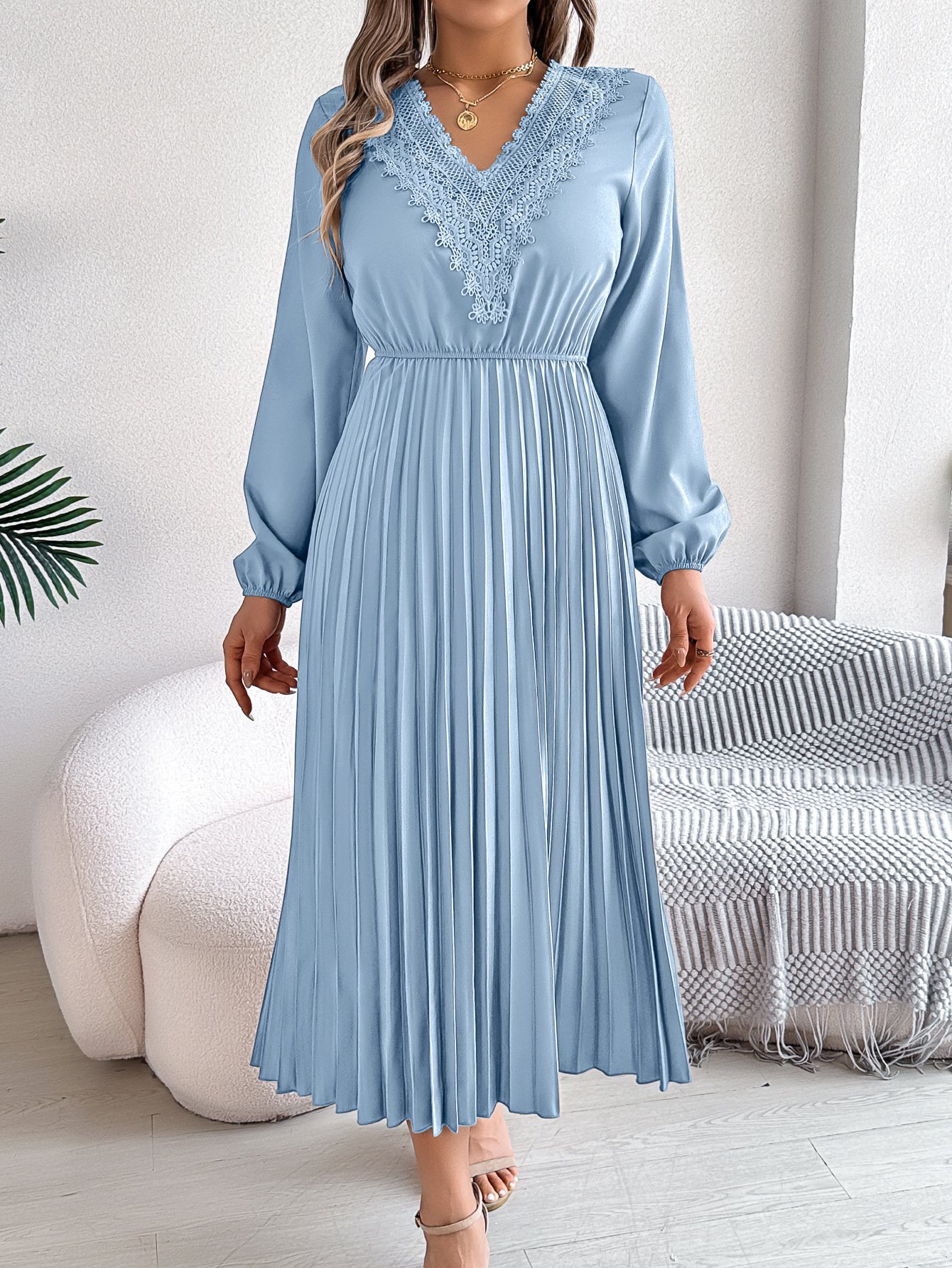 Casual V Neck Cotton Dress With No